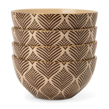 4-pack stoneware cereal bowls with Ocee Leaf pattern bands, stacked three bowls, beige interior