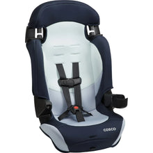 Kids booster car seat with dark blue headrest and light gray back, front view