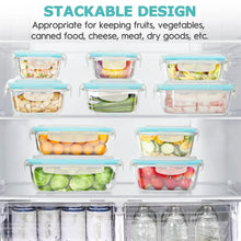 Stackable glass food storage containers with blue locking lids, assorted filled compartments