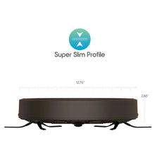 Black robot vacuum cleaner side profile with slim deck and low clearance wheels
