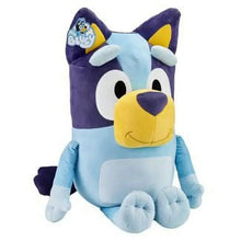 Close-up super soft plush character with purple ears, light blue face, yellow muzzle