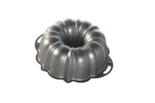 Formed aluminum bundt cake pan with ridged sides and side handles