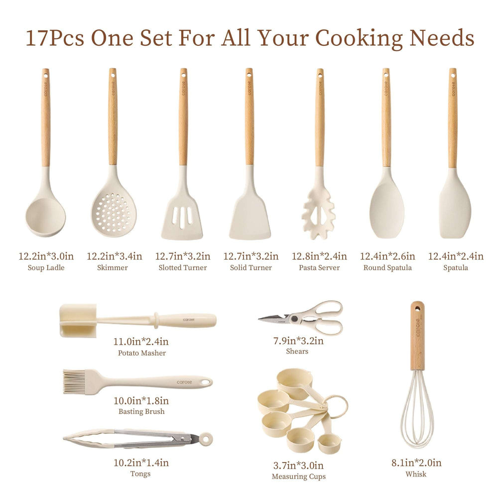 Carote 17-Piece Silicone and Wood Cooking Utensil Set, Heat-Resistant, Safe for Nonstick Cookware