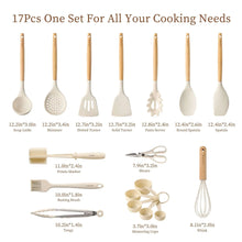 Silicone cooking utensil set with light wood handles: ladle, spatula, slotted spoon, whisk