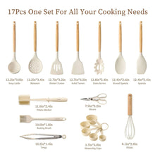 17-piece cooking utensil set with white silicone heads and light wood handles, assorted shapes