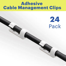 White cable clips on a black cable, 24-pack adhesive cable management clips.
