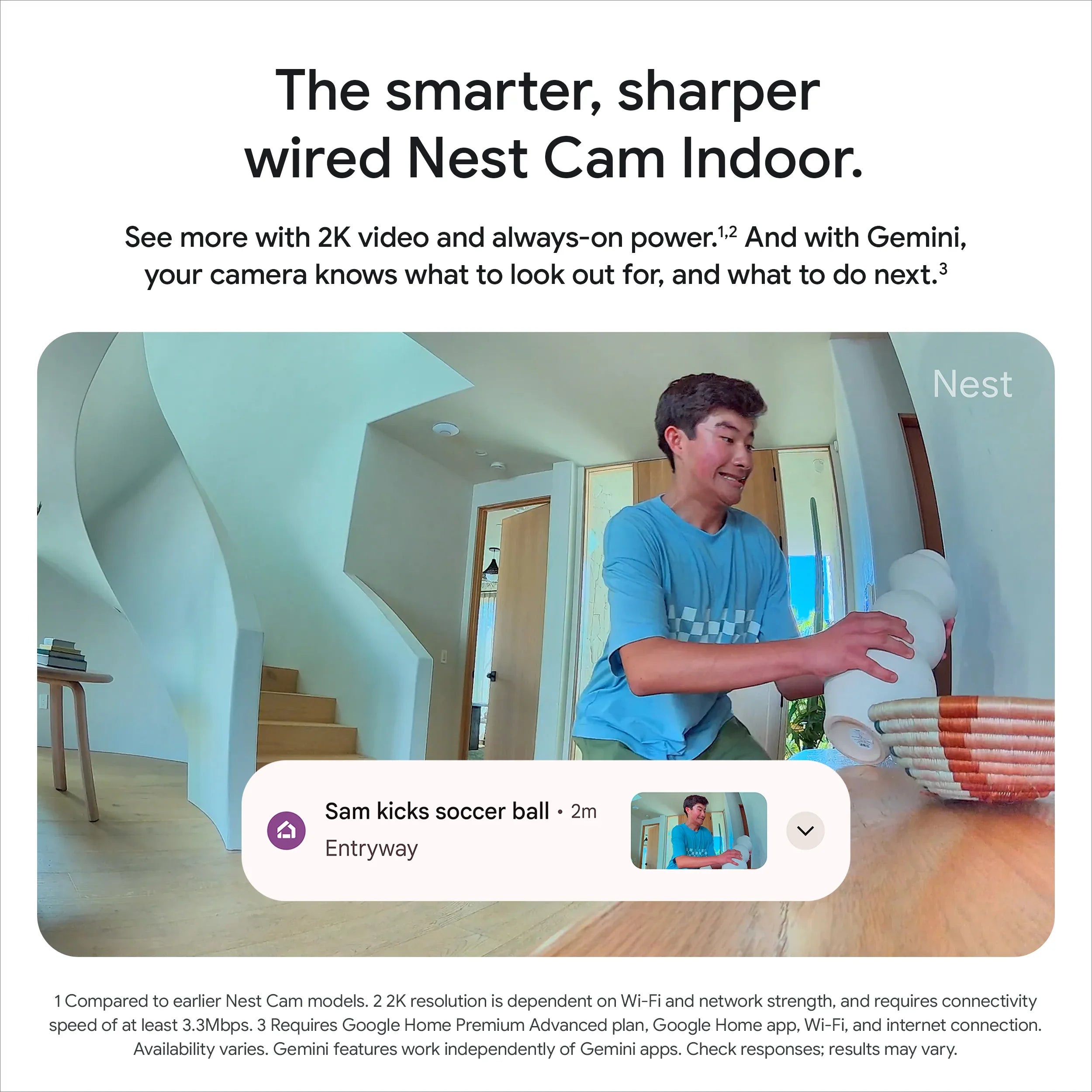 Google Nest Cam Indoor (Wired, 3rd Gen) - Indoor Security Camera with 2K Video - Works with Google Home - With Gemini - Berry