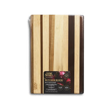 Multi-wood butcher block cutting board in retail packaging with striped wood design