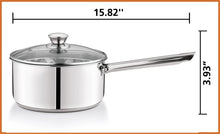 Stainless steel saucepan with clear lid and long handle, front view