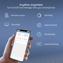 Smart LED bulb app on smartphone showing remote access, dimming, voice control, scheduling