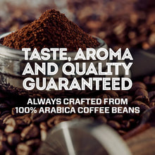 Coffee scoop with ground coffee and beans, with “Taste, aroma and quality” text