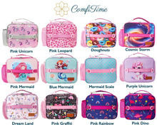 Insulated lunch bag pattern lineup showing multiple designs in pink and purple