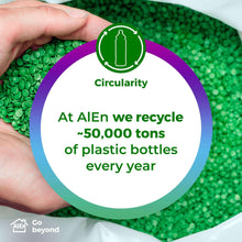 Circularity badge about recycling plastic bottles, green and purple with circular icon