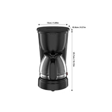Black drip coffee maker diagram with size labels and carafe