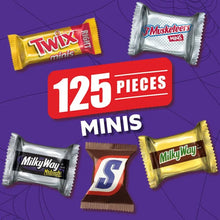 Chocolate mini candy bars with 125 pieces and Milky Way, Twix, and 3 Musketeers logos