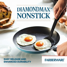 Aqua nonstick frying pan with two fried eggs and black handle spatula