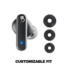Black in-ear earbuds with three silicone ear tips, shown from front