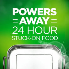 Clear container top with large text: “POWERS AWAY 24 HOUR STUCK-ON FOOD”