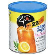 Zero sugar half-and-half iced tea lemonade mix canister, front view with lemon slice