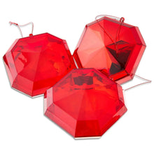 Three red faceted square gem ornaments with hanging loops, set of 4 shown