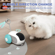 Automatic cat toy roller with feather wand and teal side wheel on the floor