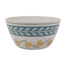 Floral salad bowl with acacia-style lid removed; leaf and yellow flower pattern around.