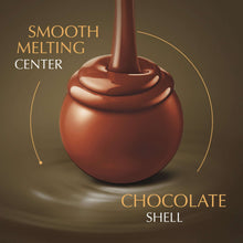 Chocolate truffle shell with smooth melting center, pour-shaped truffle graphic
