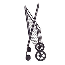 Black folding shopping cart with tall wire basket and small caster wheels, folded.