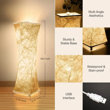 Tall fabric table lamp with textured white shade and stable base, USB interface shown