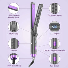 Airflow styler diagram with LCD display, thumb grip, cooling vents, and swivel cord