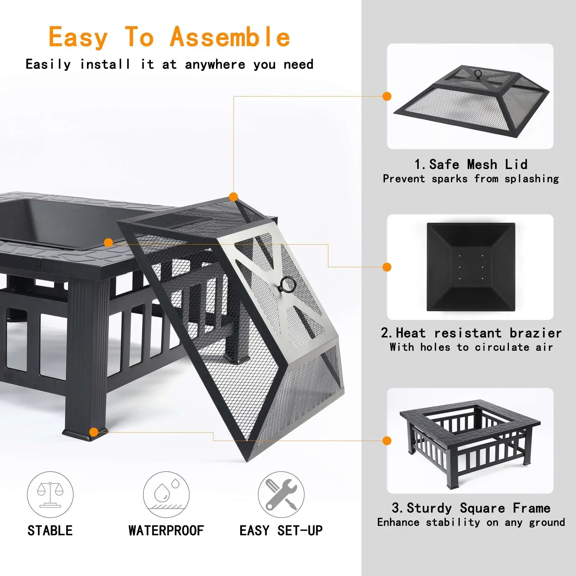 Fire Pits for Outside, 32" Wood Burning Fire Pit Tables with Screen Lid, Poker, BBQ Net, Ice Tray, Food Clip and Cover, Backyard Patio Garden Outdoor Fire Pit/Ice Pit/BBQ Fire Pit, Black - USA MEGA SHOP