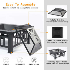 Fire Pits for Outside, 32" Wood Burning Fire Pit Tables with Screen Lid, Poker, BBQ Net, Ice Tray, Food Clip and Cover, Backyard Patio Garden Outdoor Fire Pit/Ice Pit/BBQ Fire Pit, Black - USA MEGA SHOP