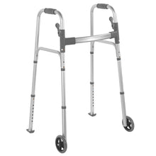 Silver folding walker with black padded hand grips and front wheels, side view
