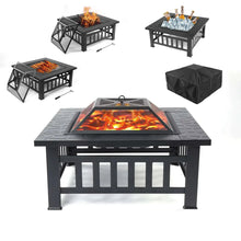 Black fire pit table with open square grilling frame, mesh screen lid and poker