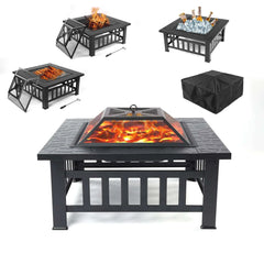 Fire Pits for Outside, 32" Wood Burning Fire Pit Tables with Screen Lid, Poker, BBQ Net, Ice Tray, Food Clip and Cover, Backyard Patio Garden Outdoor Fire Pit/Ice Pit/BBQ Fire Pit, Black - USA MEGA SHOP