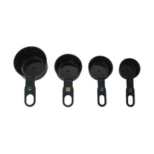 Black measuring cups with 1 cup and 1/2 cup and 1/3 cup and 1/4 cup