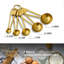 Stainless steel measuring spoon set with five gold spoons and capacity markers