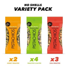 No-shell pistachios variety pack with orange, green, and red 0.75 oz bags