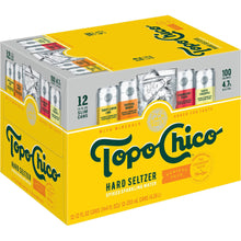 Topo Chico Hard Seltzer variety pack in a yellow 12-can carton.