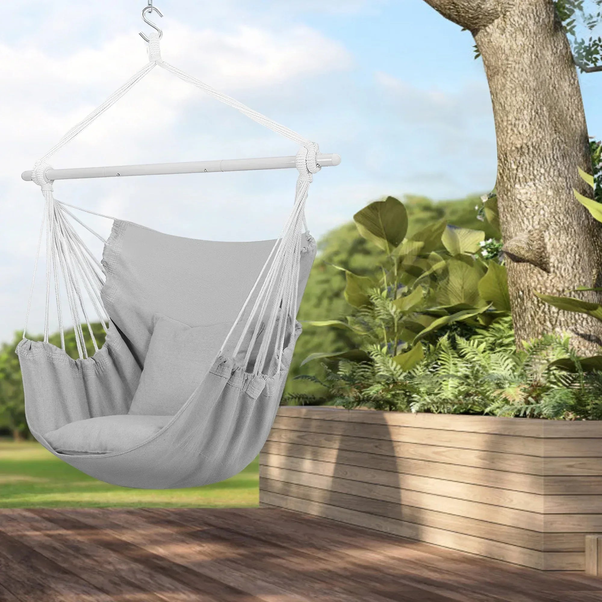 Large Hammock Chair Swing, Relax Hanging Rope Swing Chair with Detachable Metal Support Bar & Two Seat Cushions, Cotton Hammock Chair Swing Seat for Yard Bedroom Patio Porch Indoor Outdoor - USA MEGA SHOP