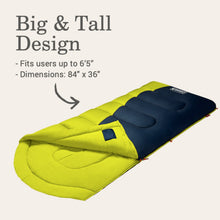 Big and tall sleeping bag in lime green and navy, laid out with hood
