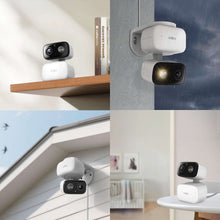 Two TP-Link Tapo security cameras, white housings shown mounted indoors and outdoors