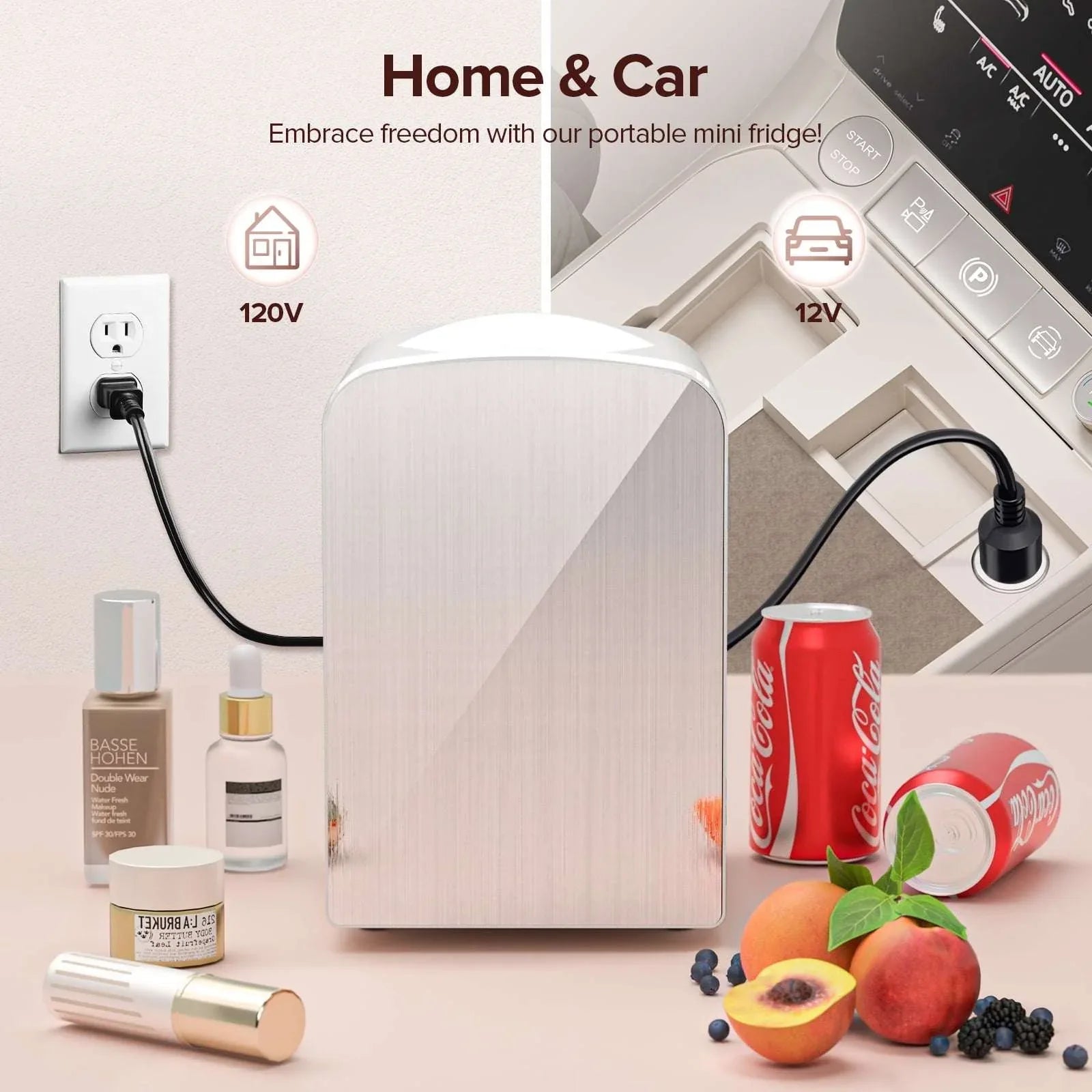 Auseo Mini Portable Fridge Personal, Countertop, 4L/6 Cans, Cooler Small Refrigerator, Front Door Stainless Steel, AC/DC, Option for Skincare, Makeup, Drinks, Dorm Room, White - USA MEGA SHOP