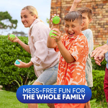 Reusable water balloons: green and orange balloons splashing as children play
