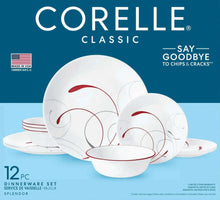 White glass dinnerware set with red swirl pattern, 12-piece service for 4