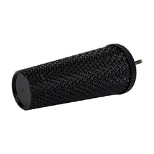 Black textured plastic insulated tumbler with straw and flat drinking rim, side view.