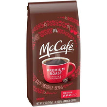 Ground coffee bag showing McCafe "Premium Roast" "Smooth & Balanced" medium roast