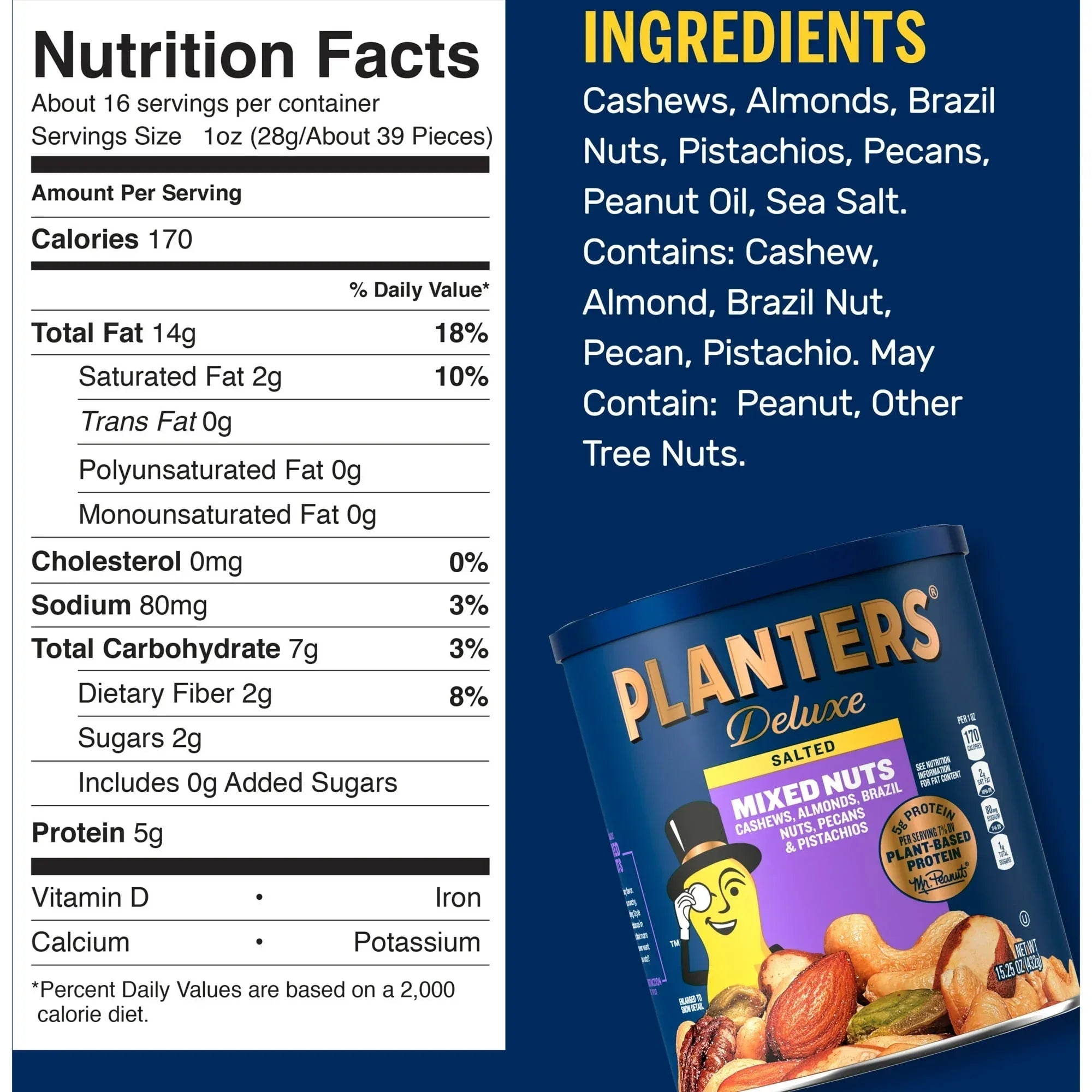 Planters Deluxe Mixed Nuts with Hazelnuts, Plant Based Protein, 15.25 oz Canister