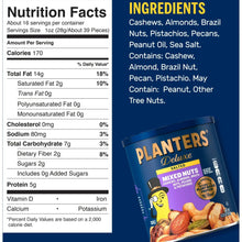 Planters Deluxe mixed nuts canister with nutrition facts and ingredients