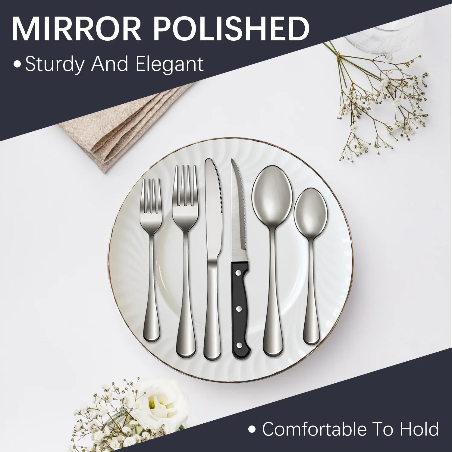 Bluebow Silverware Set with Steak Knives, Flatware Cutlery Set for 4, Food-Grade Stainless Steel Kitchen Tableware Set